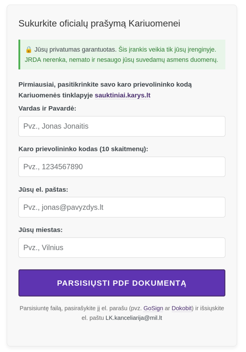 Ekrano iškarpa iš automatinio prašymo kariuomenei generavimo įrankio